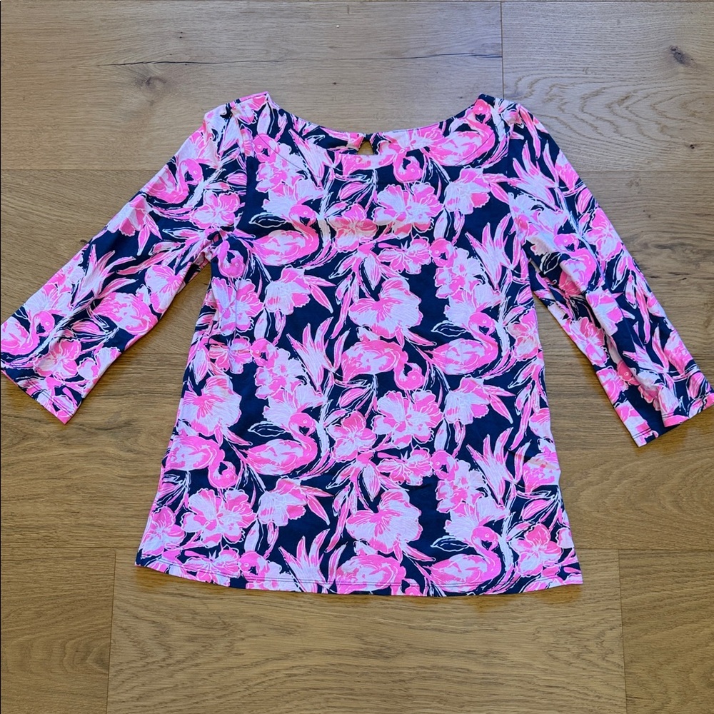 Lilly Pulitzer Vibrant Pink and Navy Floral Blouse